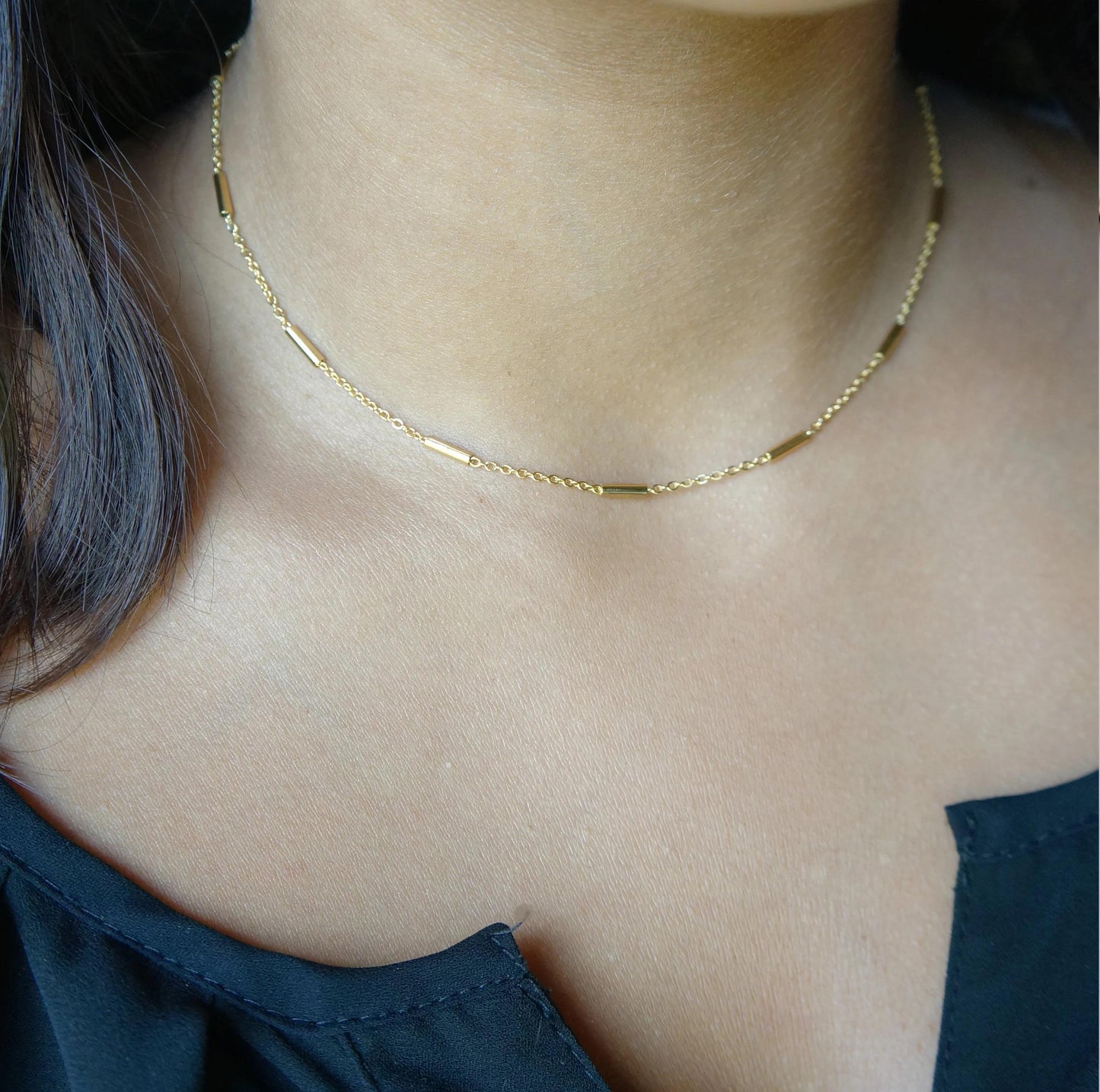 Tiny Bar Chain Choker Delicate Minimalist Chain Necklace Layering Necklace Dainty Chain Gold/Silver Stainless Steel Jewelry for Women