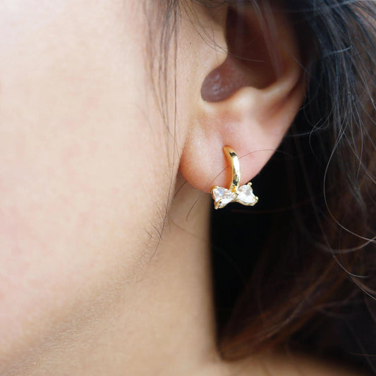 Small Gold Bow CZ Earrings, Tiny Hoops, Cute Huggie Style, Bow Ear Huggies, Dainty Earrings Gift