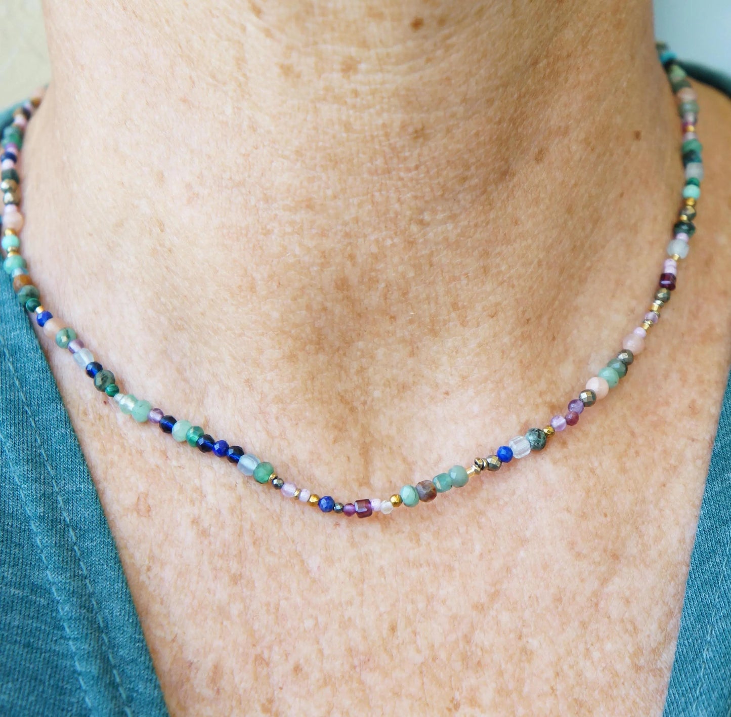 Natural Gemstones Beaded Crystal Necklace, Colorful Boho Jewelry, Delicate Layered Necklace, Unique Gift for Women, Multi Color Tiny Gems