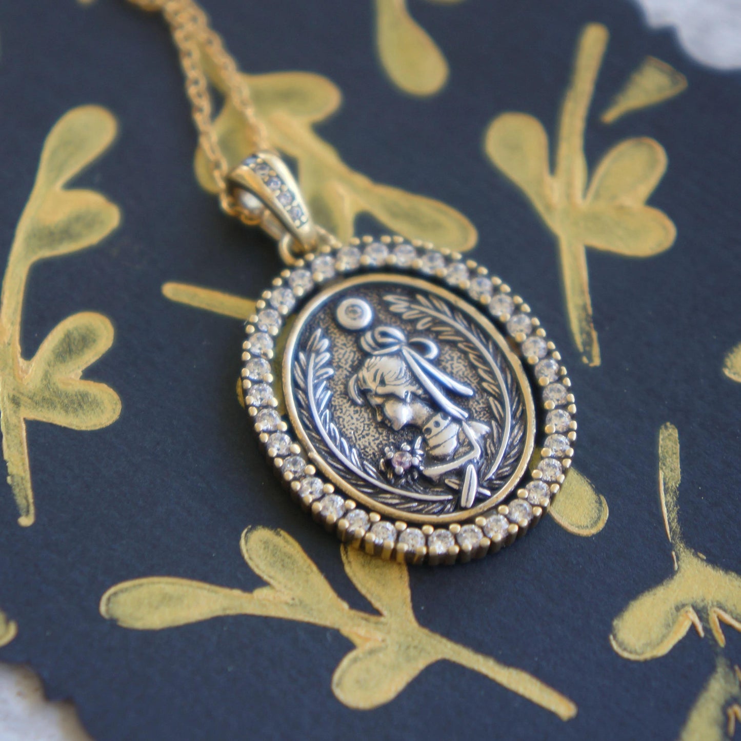 Antique Style Coin Medal Necklace Gift for Mom Vintage Coin Necklace Antique Gold Charm with CZ Tiny Crystals Unique Bronze Charm Necklace