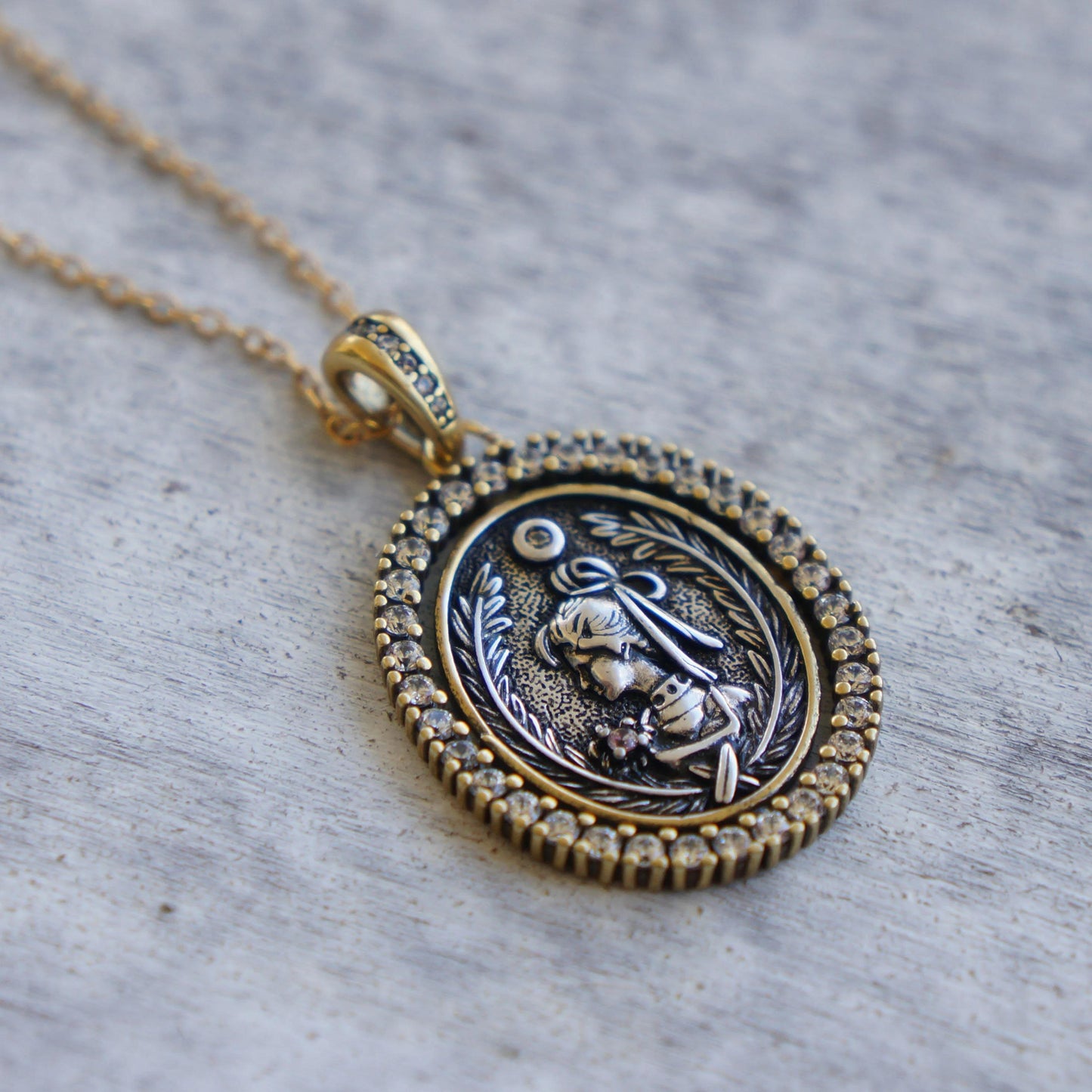 Antique Style Coin Medal Necklace Gift for Mom Vintage Coin Necklace Antique Gold Charm with CZ Tiny Crystals Unique Bronze Charm Necklace