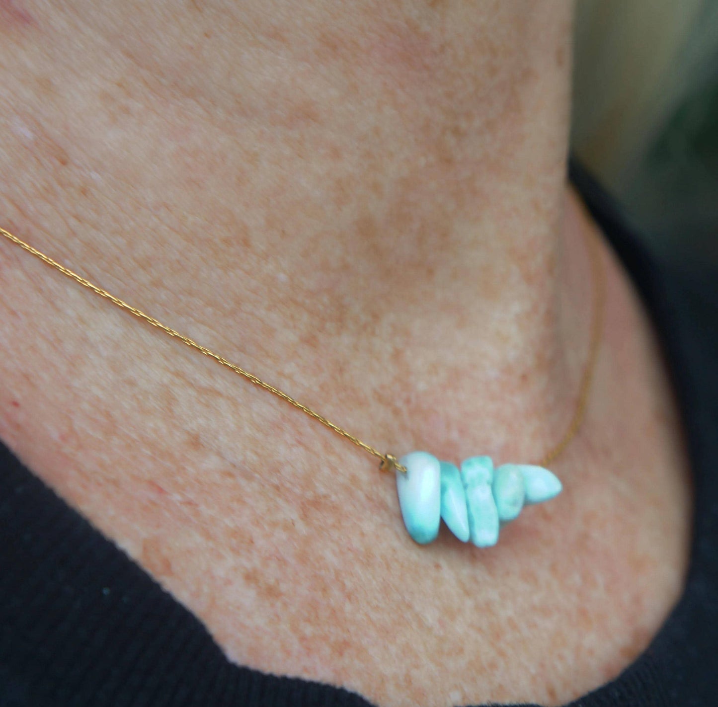 Natural Larimar on Dainty Snake Chain Necklace, Boho Jewelry for Her, Raw Larimar Stone, Sky Blue Crystal Natural Healing Stone