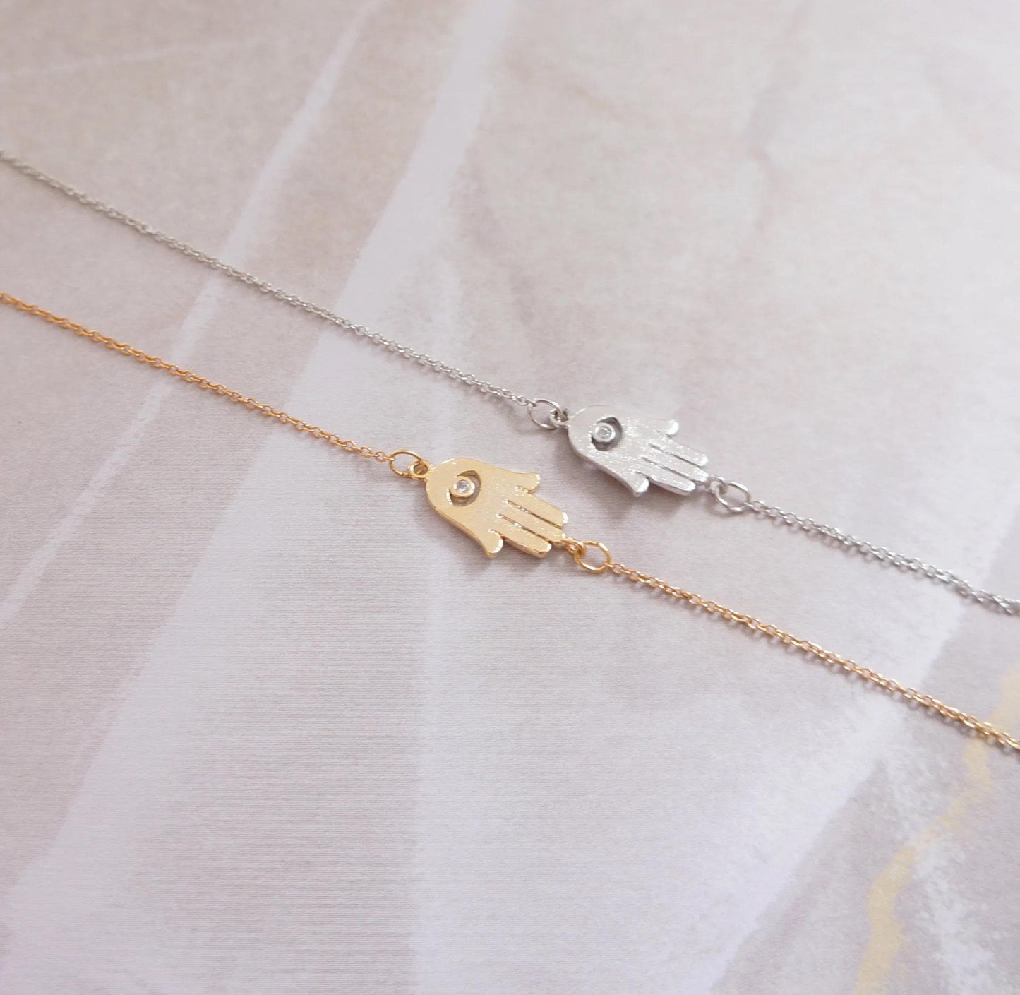 Tiny Gold Hamsa Necklace Hand Protection Necklace Dainty Tiny Charm Daughter Gift Minimal Layering Asymmetrical Necklace Gift for Her