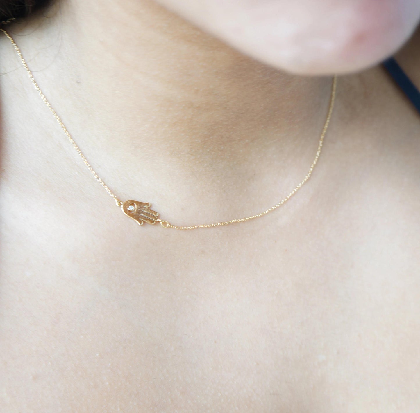 Tiny Gold Hamsa Necklace Hand Protection Necklace Dainty Tiny Charm Daughter Gift Minimal Layering Asymmetrical Necklace Gift for Her