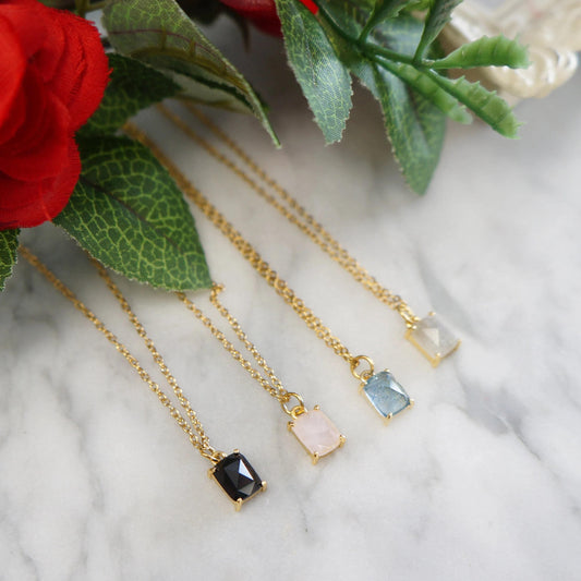 Rose Quartz Tiny Necklace Baguette Crystal Charm Minimal Necklace Layering Gold Necklace Friend Gift Anniversary Necklace Quartz Necklace