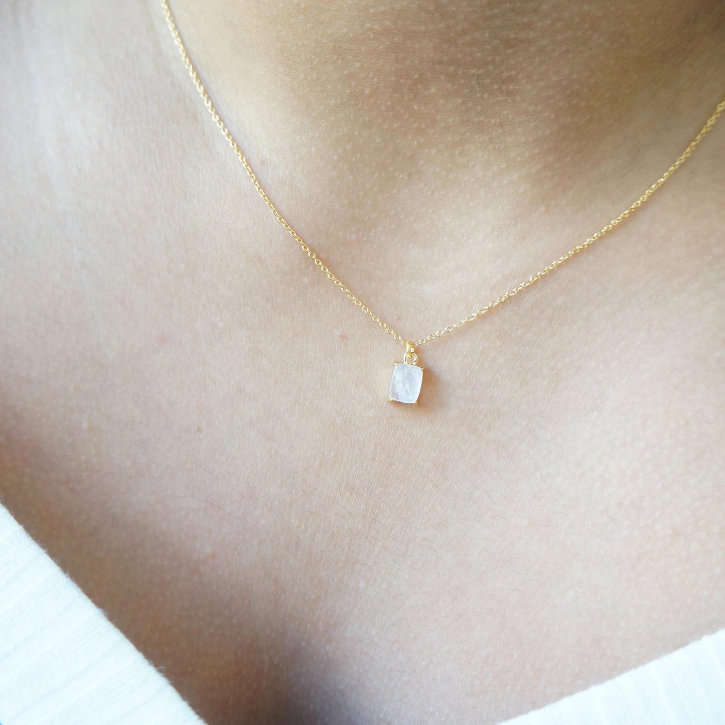 Rose Quartz Tiny Necklace Baguette Crystal Charm Minimal Necklace Layering Gold Necklace Friend Gift Anniversary Necklace Quartz Necklace