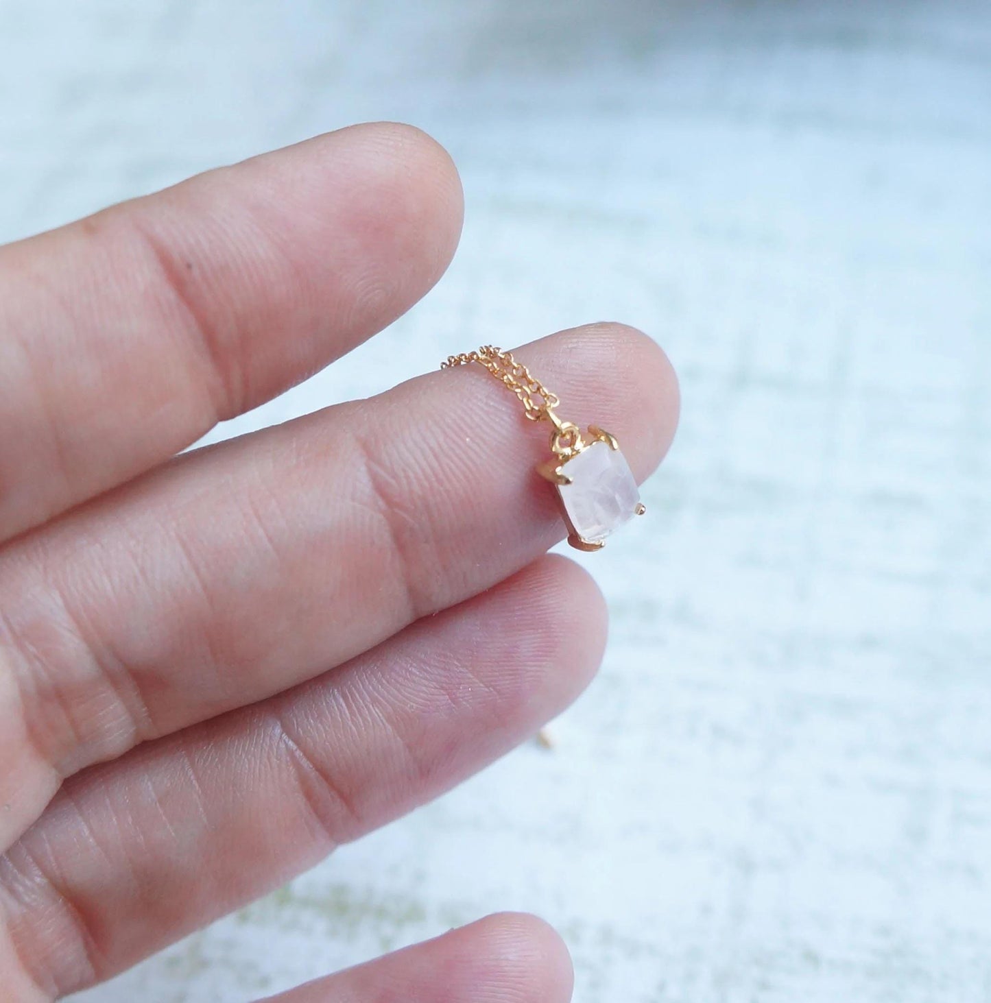 Rose Quartz Tiny Necklace Baguette Crystal Charm Minimal Necklace Layering Gold Necklace Friend Gift Anniversary Necklace Quartz Necklace