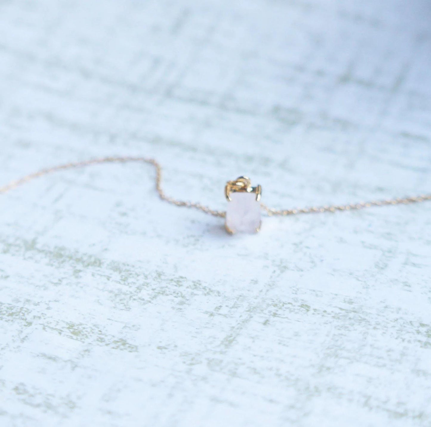 Rose Quartz Tiny Necklace Baguette Crystal Charm Minimal Necklace Layering Gold Necklace Friend Gift Anniversary Necklace Quartz Necklace