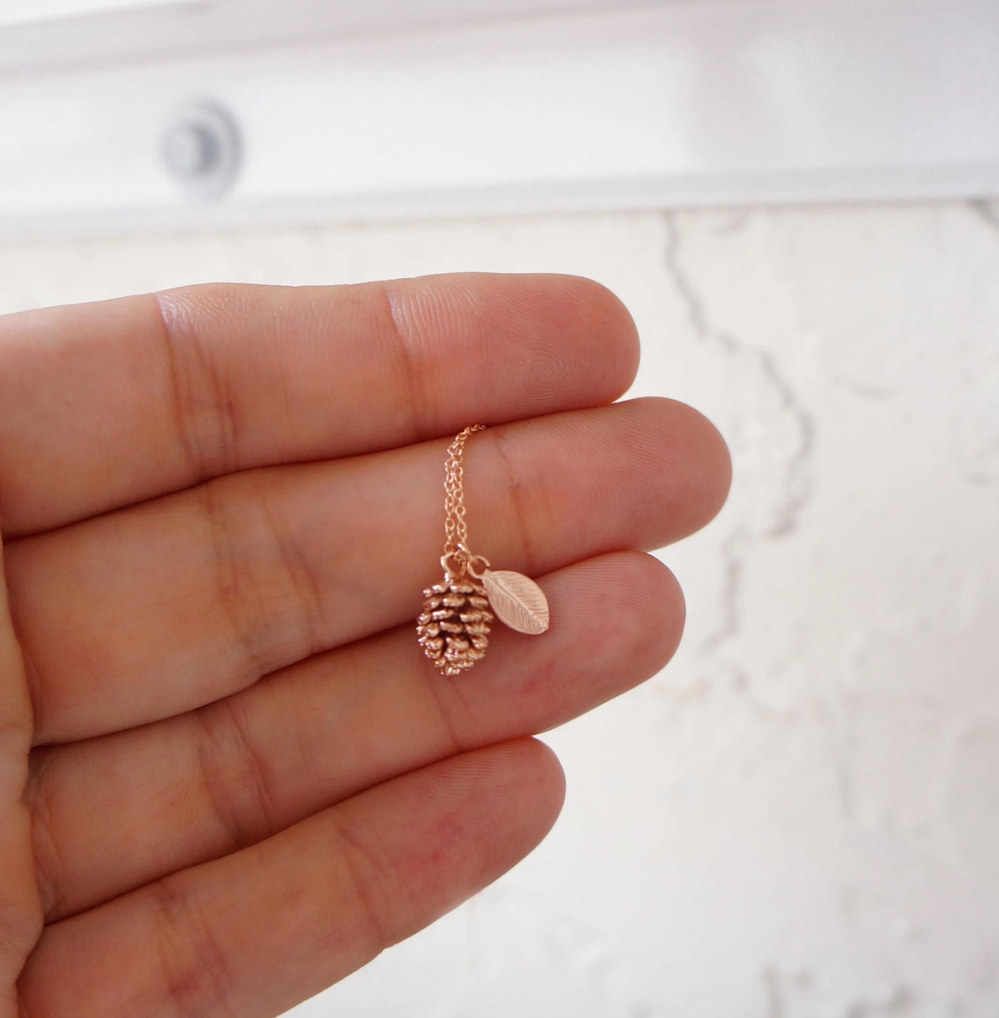 Tiny Personalized Pinecone Necklace with Leaf Hand Stamped Initial Leaf Personalized Necklace Gift for Best Friend Fall Wedding