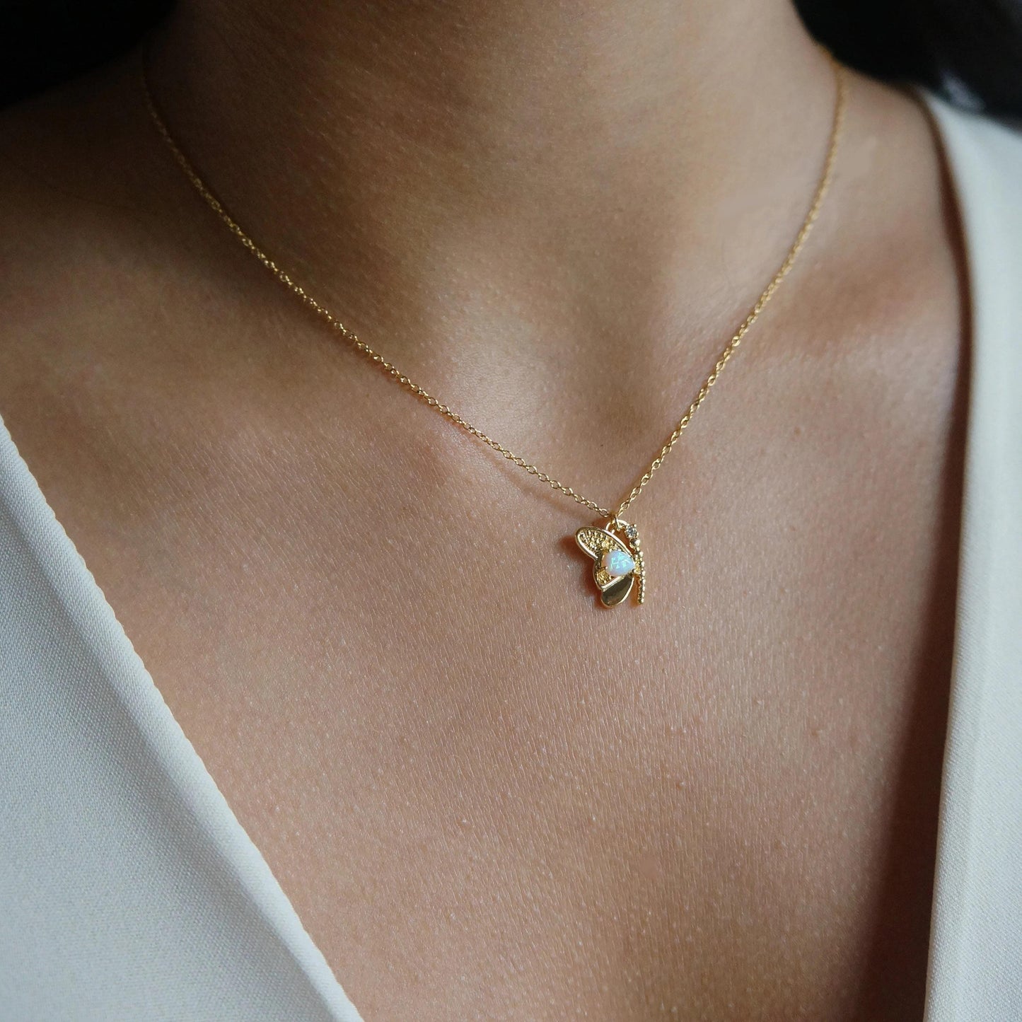 Gold Opal Butterfly Necklace Wing Charm, October Birthstone Jewelry Gift, Delicate Dainty Pendant, Gift for Her,  Layered Dainty Necklace