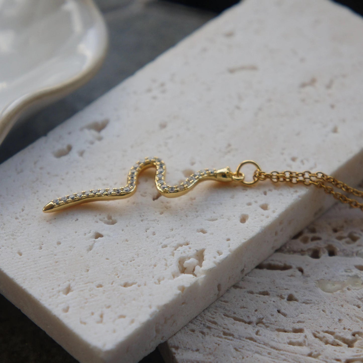 Dainty Gold Snake Necklace with CZ Stones, Serpent Charm Pendant, Minimalist Jewelry, Layering Necklace, Gift For Her