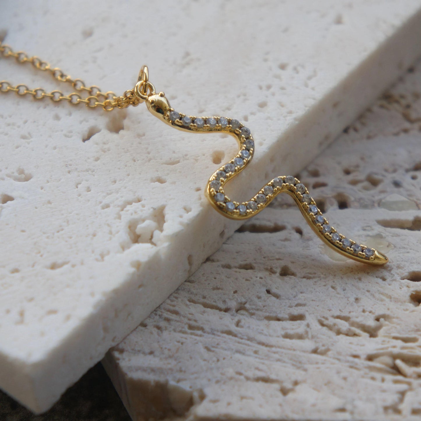 Dainty Gold Snake Necklace with CZ Stones, Serpent Charm Pendant, Minimalist Jewelry, Layering Necklace, Gift For Her