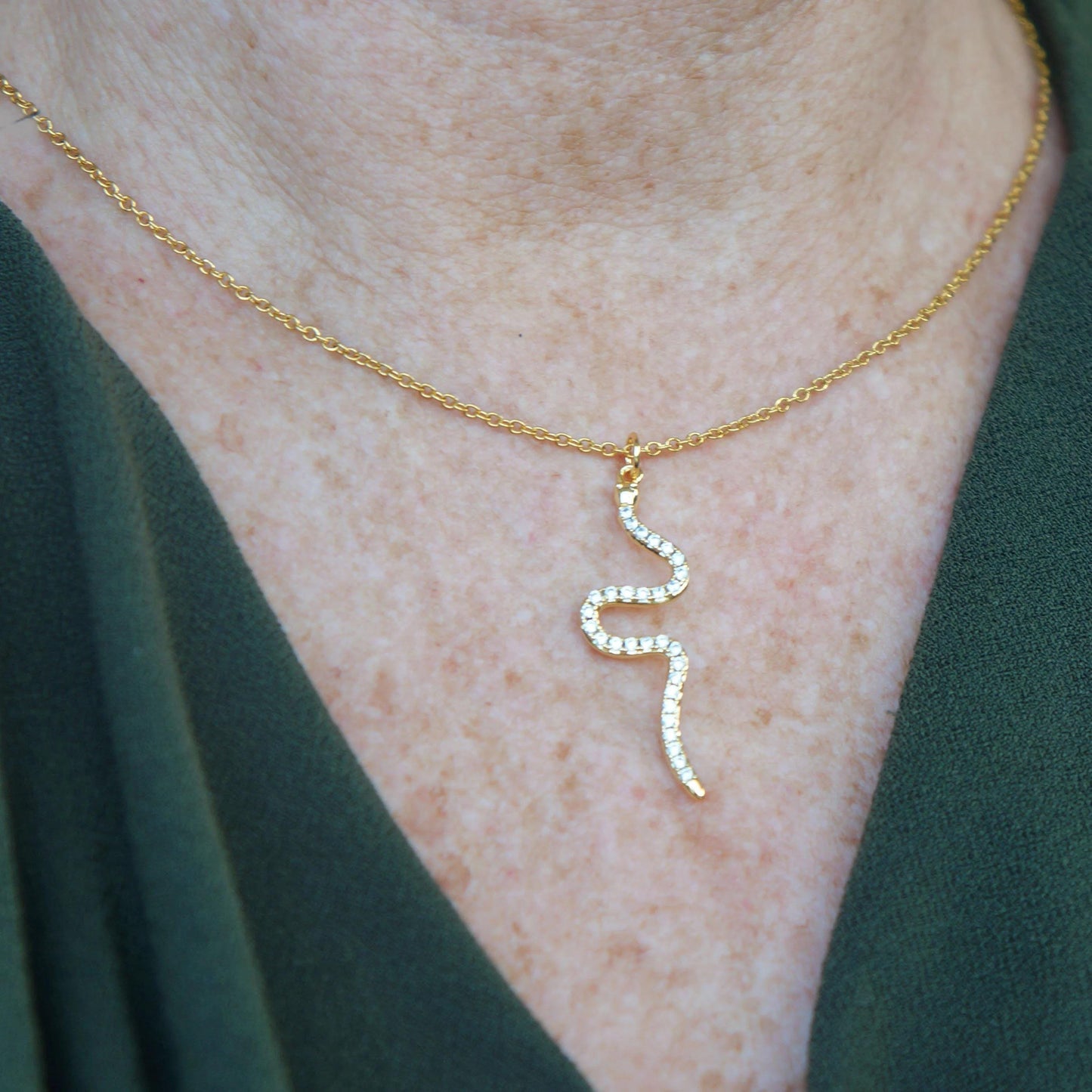 Dainty Gold Snake Necklace with CZ Stones, Serpent Charm Pendant, Minimalist Jewelry, Layering Necklace, Gift For Her