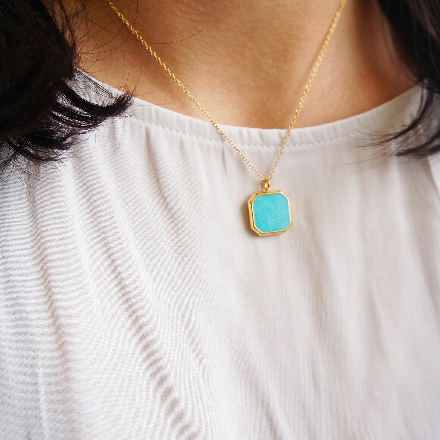 Square Charm Necklace Aqua Blue/White Enamel Charm Necklace Layering Necklace for Woman Everyday Colorful Necklace