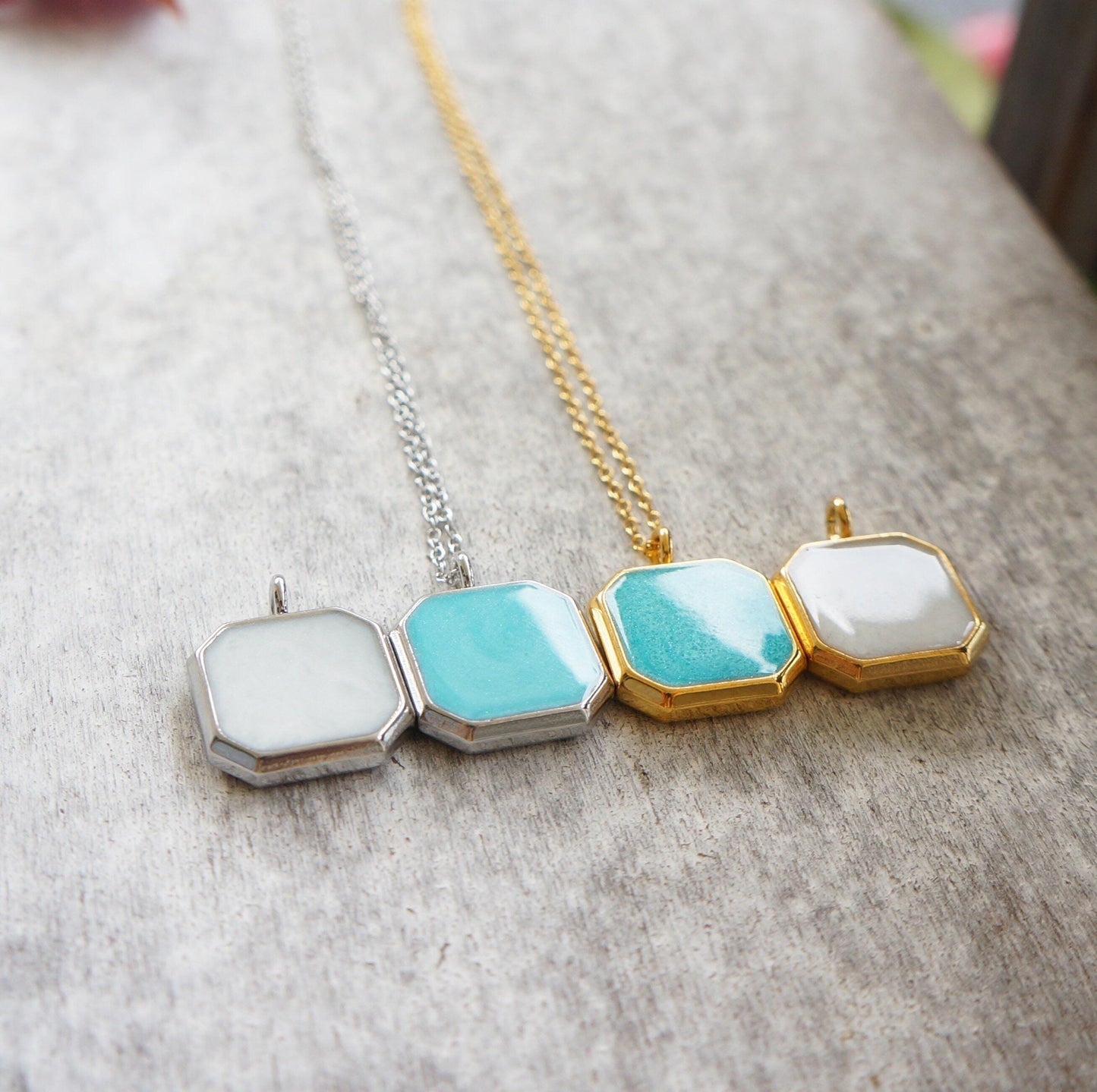 Square Charm Necklace Aqua Blue/White Enamel Charm Necklace Layering Necklace for Woman Everyday Colorful Necklace