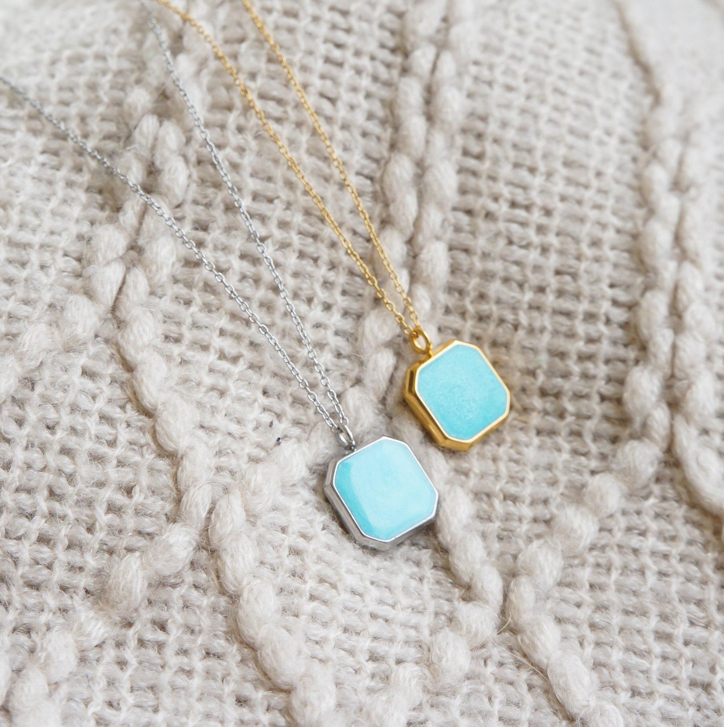 Square Charm Necklace Aqua Blue/White Enamel Charm Necklace Layering Necklace for Woman Everyday Colorful Necklace